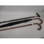 Two silver collared walking sticks and a gold collared umbrella