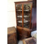 19th Century mahogany floor standing corner cabinet, with moulded cornice above pair of astragal