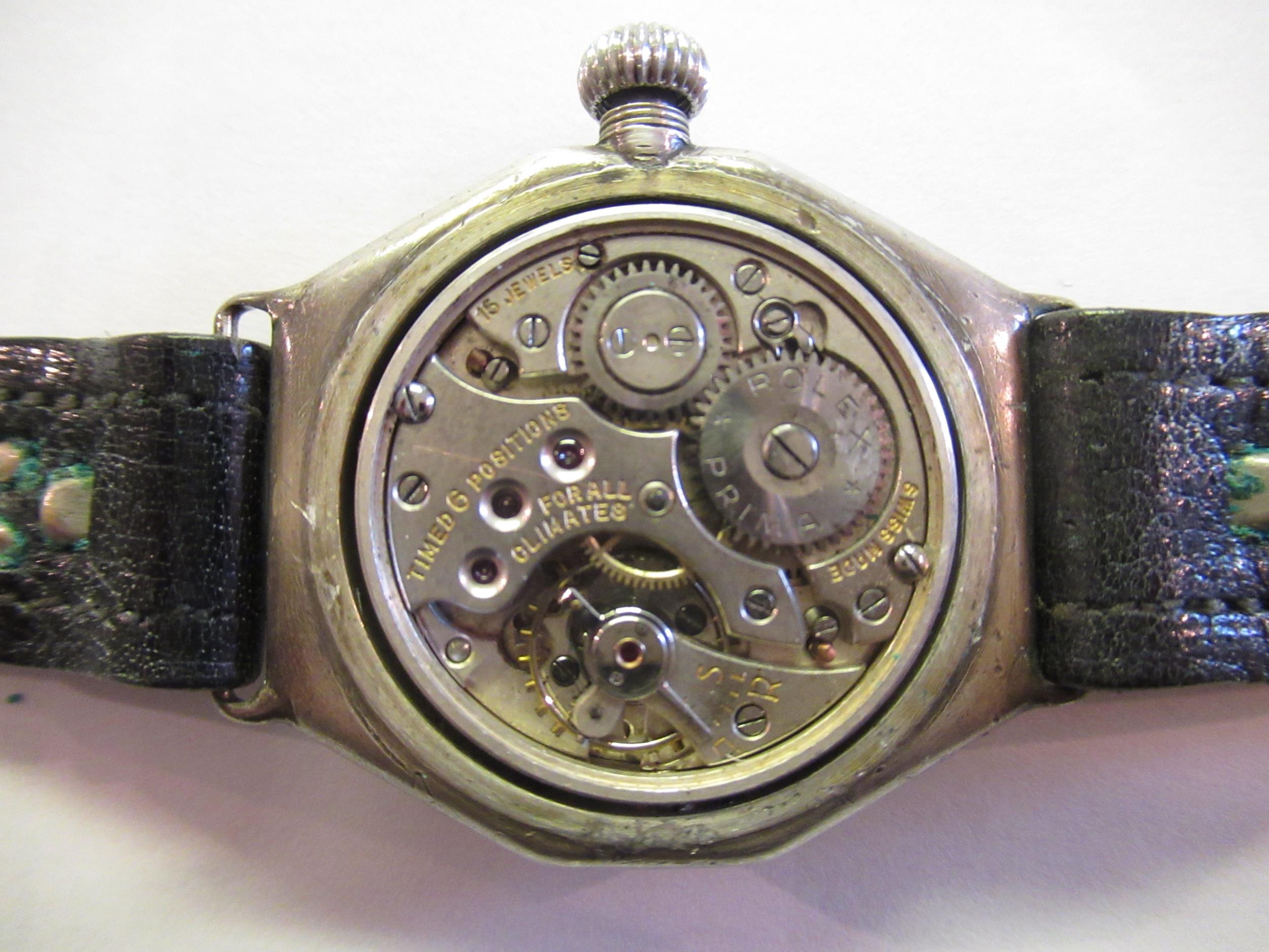 Gentleman's 1920's Rolex silver cased wristwatch, the enamel dial with Arabic numerals and - Image 6 of 8