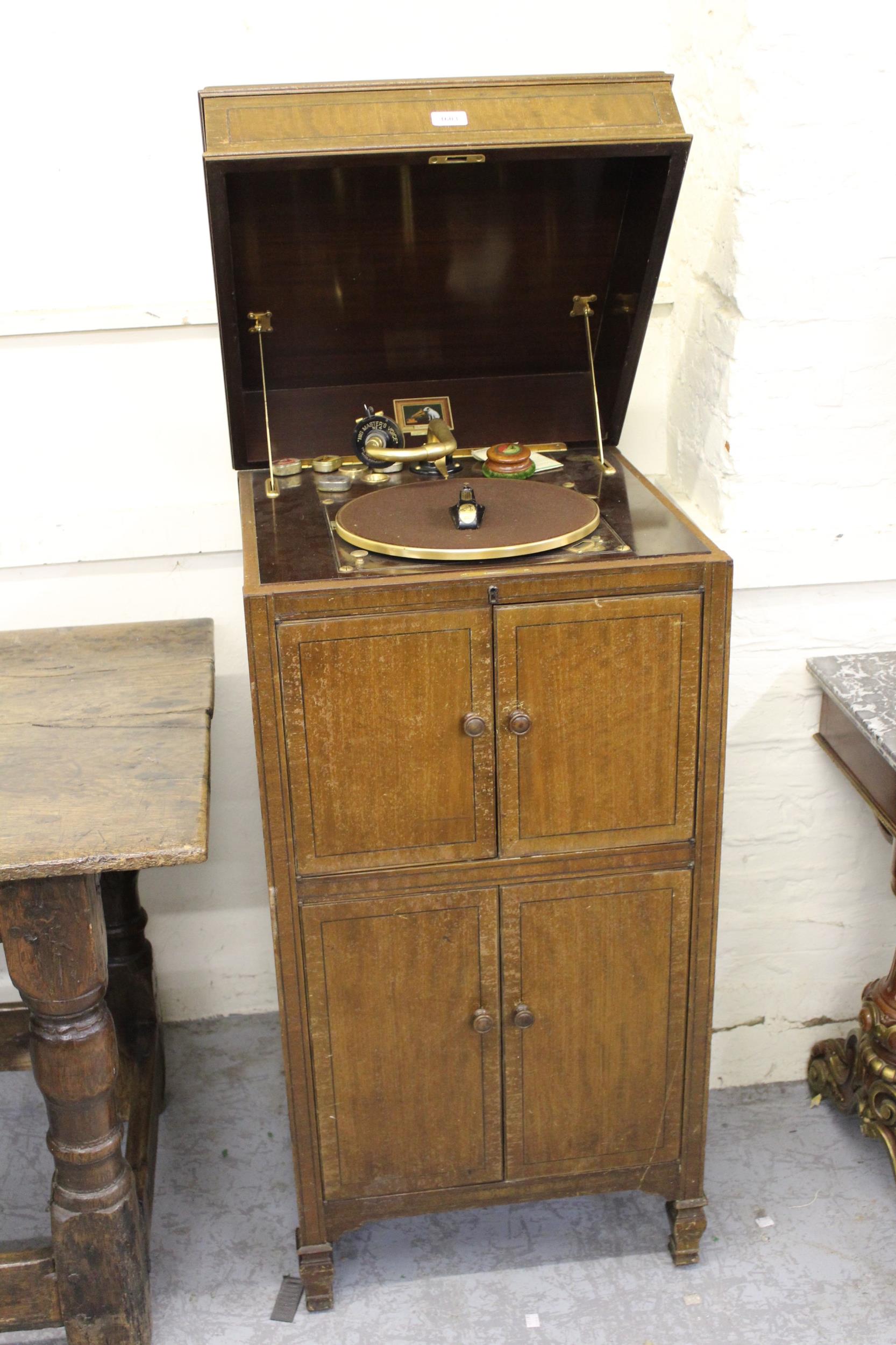 HMV Model 192 floor standing wind-up gramophone with No. 4 sound box, in a mahogany and black line