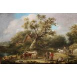 George Morland, oil on panel, rustic scene with figures and animals, signed, 10.5ins x 13.5ins, gilt