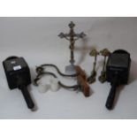 Pair of black painted metal coach lamps, pair of curtain ties, pair of wall lights and a chrome