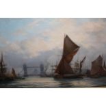 Richard Tearoe, oil on canvas, view on the River Thames at Tower Bridge, with various steam and sail