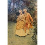 Watercolour, figures in period costume in a garden, signed Siliga, 11.5ins x 9.5ins, unframed