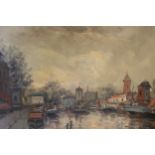 Box containing ten oil paintings, Dutch canal scene, landscape and other scenes, some signed,
