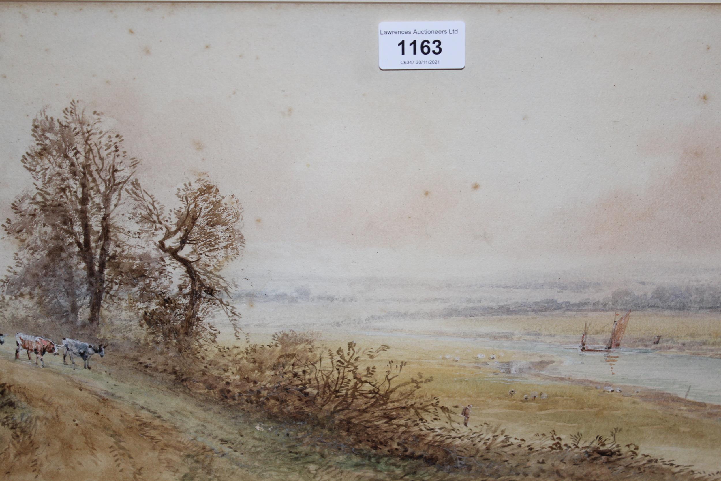 E Lewis, watercolour rural river scene with cattle and boat, 9.5ins x 21ins, framed, together with