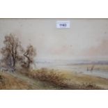 E Lewis, watercolour rural river scene with cattle and boat, 9.5ins x 21ins, framed, together with