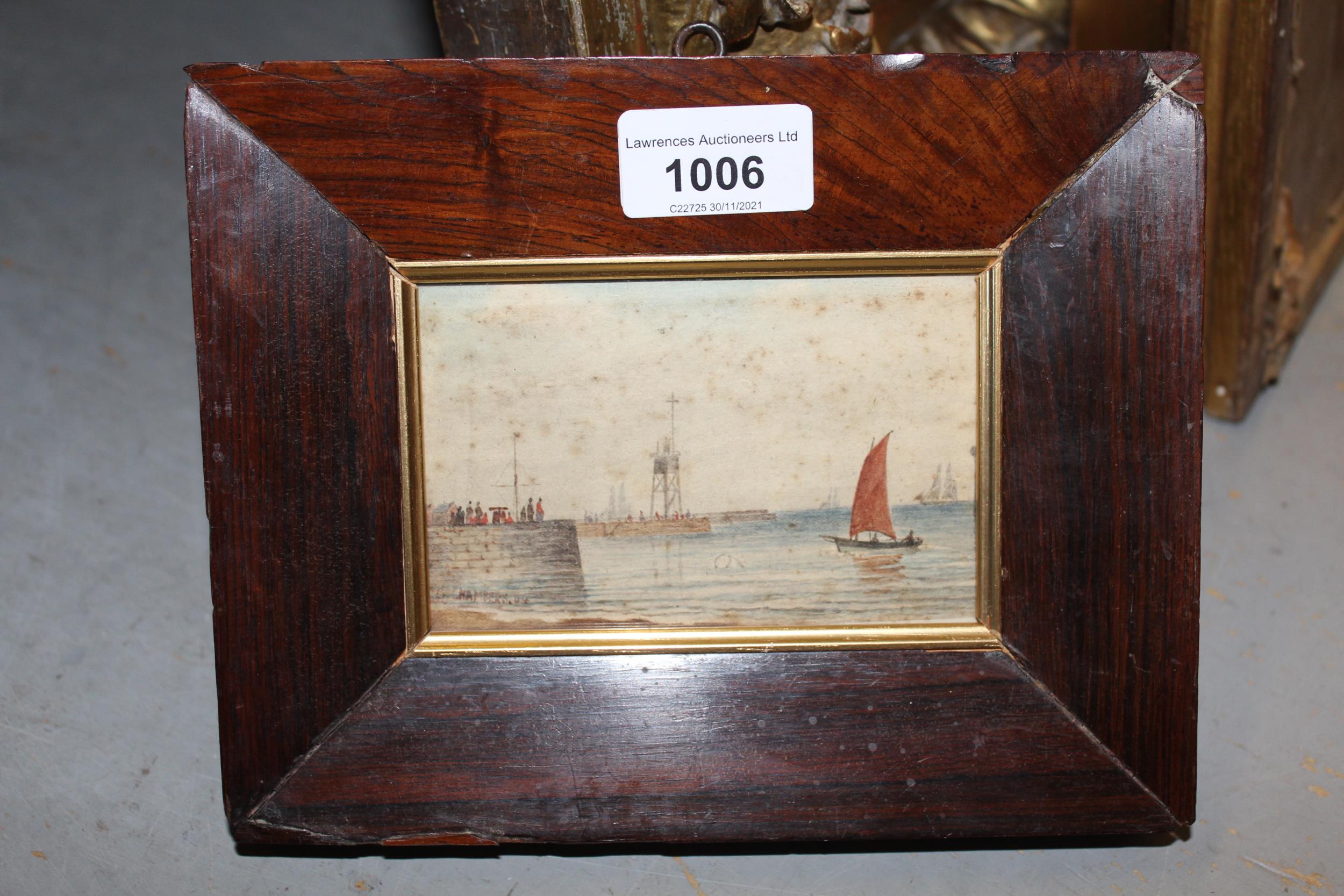 Small 19th Century watercolour, figures on a jetty with boats beyond, 3ins x 4.5ins, rosewood framed - Image 2 of 3