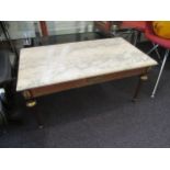 Reproduction French ormolu mounted marble top coffee table on turned fluted tapering supports, 36ins