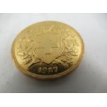 Swiss twenty franc gold coin, 1927