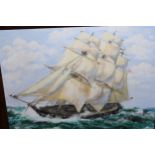 T. Carleton, oil on board, sailing ship in stormy seas, signed and framed, 14ins x 18ins approx