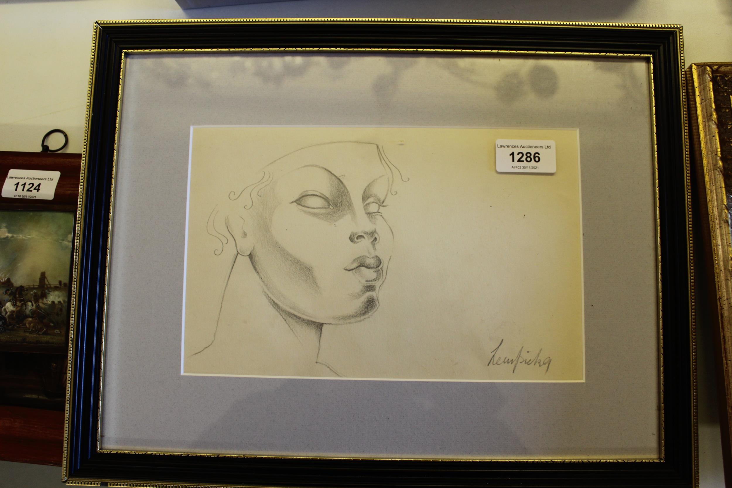 After Tamara de Lempicka, pencil drawing, study of a female face, bearing signature, 6ins x 9. - Image 2 of 2