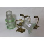 Set of four brass wall lights with etched glass shades
