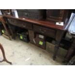 Reproduction mahogany campaign type three drawer writing table with removable legs, 53ins wide