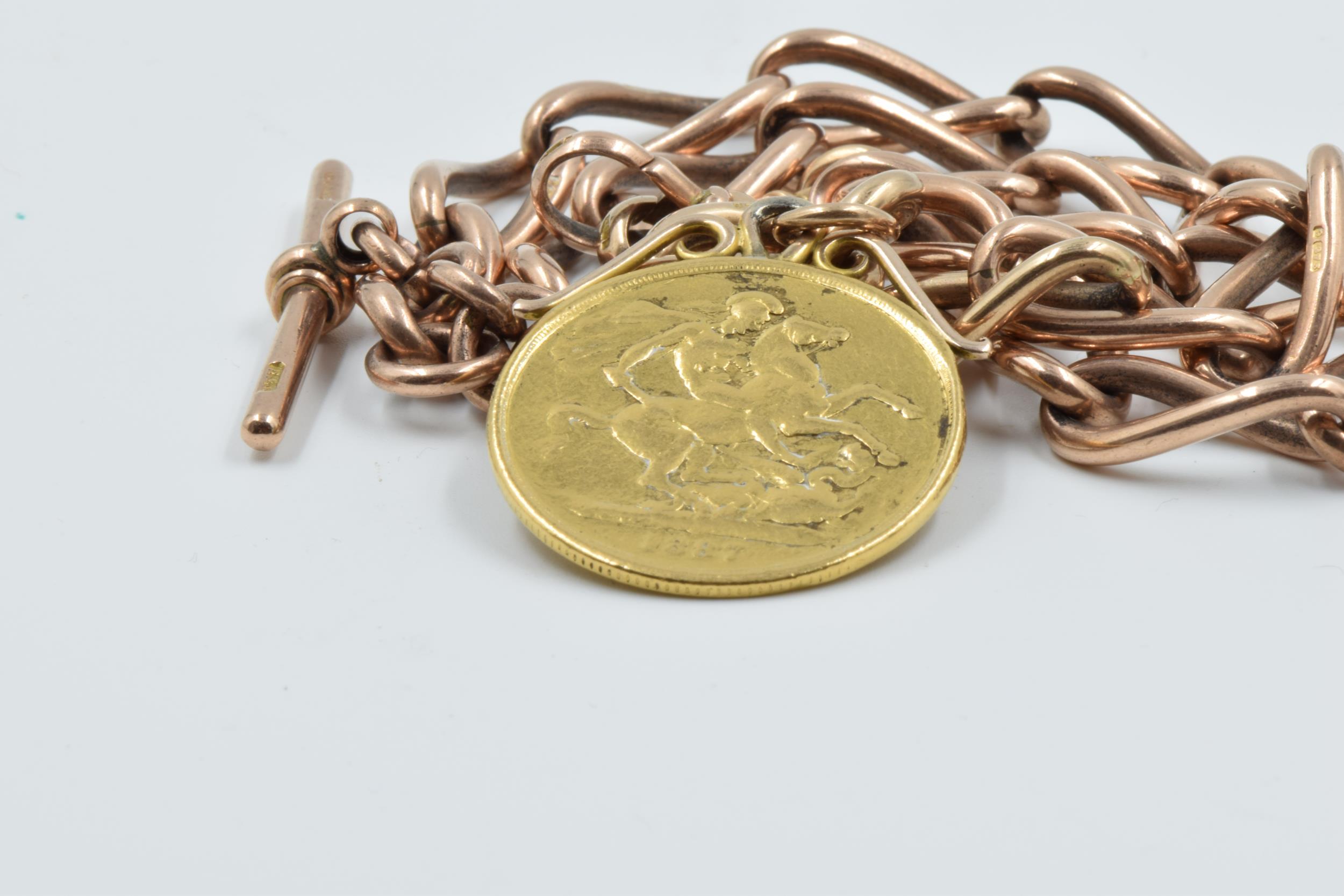 Victorian 1887 two pound gold coin mounted as a pendant, suspended from a heavy 9ct gold Albert - Image 2 of 3