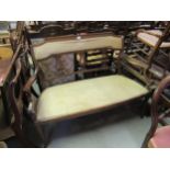 Edwardian mahogany line inlaid drawing room sofa, with triple pierced splat back, open arms and