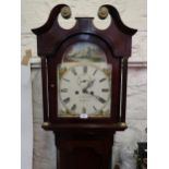 19th Century oak and mahogany crossbanded longcase clock, the broken arch hood with swan neck