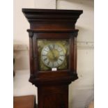 Oak longcase clock, the square hood above a rectangular door and conforming plinth base, the 10in