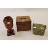 Small 19th Century mahogany instrument box, with brass handle, a modern treenware vase and