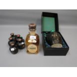 Cardhu Whisky, one 75cl bottle, QE2 Whisky, one 75cl bottle in a presentation box and five QE2