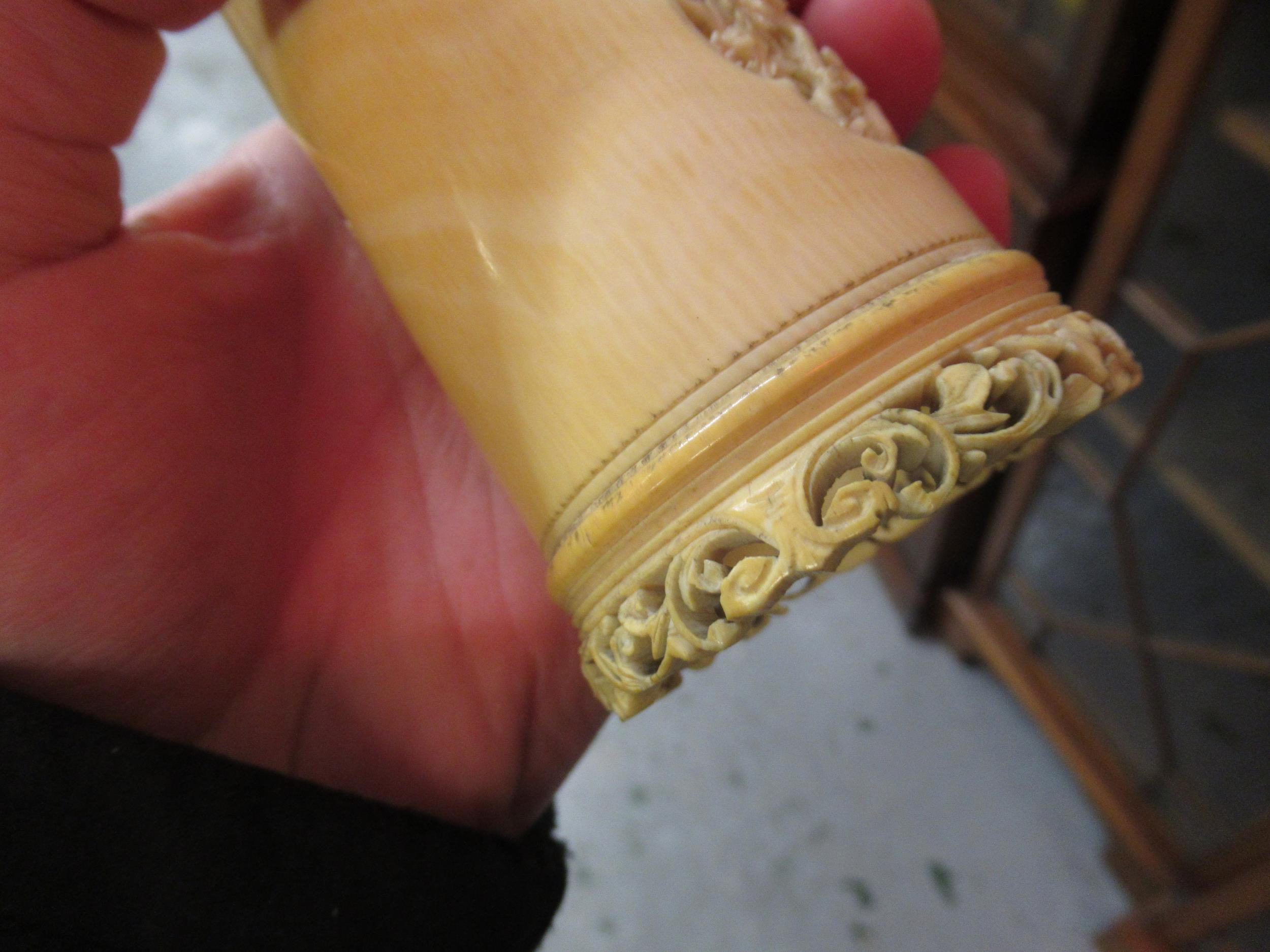 Two 19th Century Chinese carved ivory vases together with a needle case (at fault) and two carved - Image 13 of 13