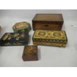 USSR Vintage straw work box, two Tunbridge ware boxes and two other boxes