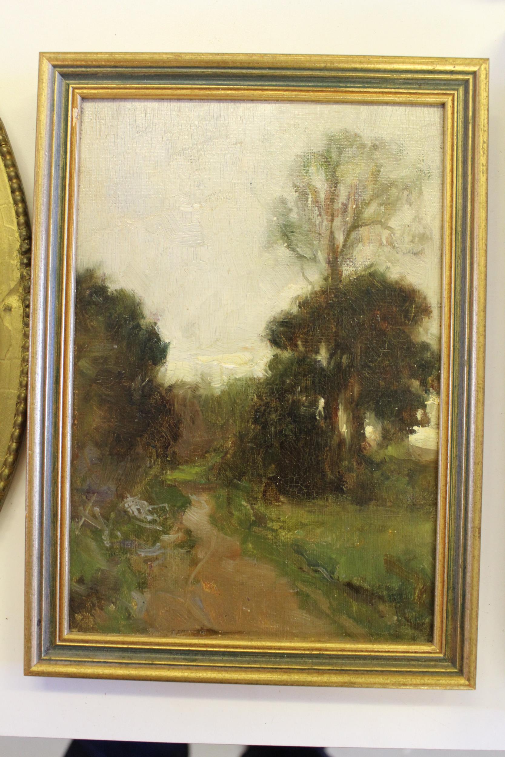 Oil on canvas board, a country lane at sunset, bearing label verso, ' Croxford Lane, Alfred - Image 2 of 2