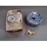 19th Century blue and white transfer printed pottery spittoon, together with a Beswick figure of a