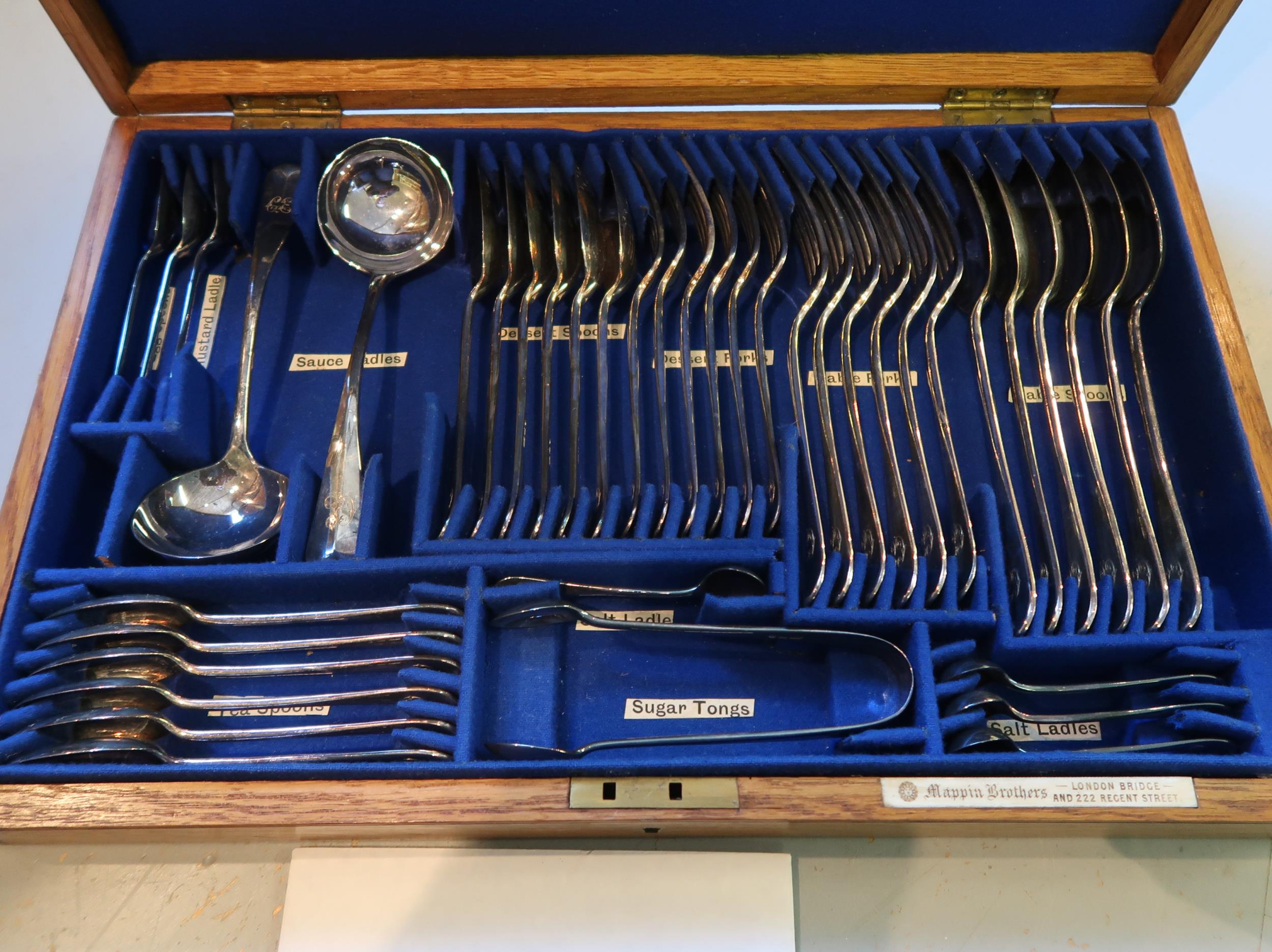 19th Century oak cased canteen of Mappin Bros. silver plated spoons, forks, ladles and tongs etc. - Image 2 of 5