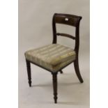 Set of six George IV mahogany and line inlaid rail and rope back dining chairs with padded seats,