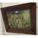 19th Century woolwork picture, figures in a garden scene, 16ins x 20.5ins, housed in a good