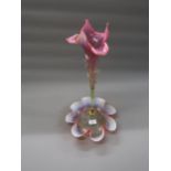 Victorian vaseline pink and green glass single stem epergne, with glass base, 20.5ins high
