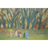 A. de Chimay signed oil on panel, figures by a woodland, (collectors seal verso), 12ins x 16ins,