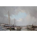 Richard Tearoe, oil on canvas, coastal scene with various boats, signed, 9.5ins x 13.5ins, gilt