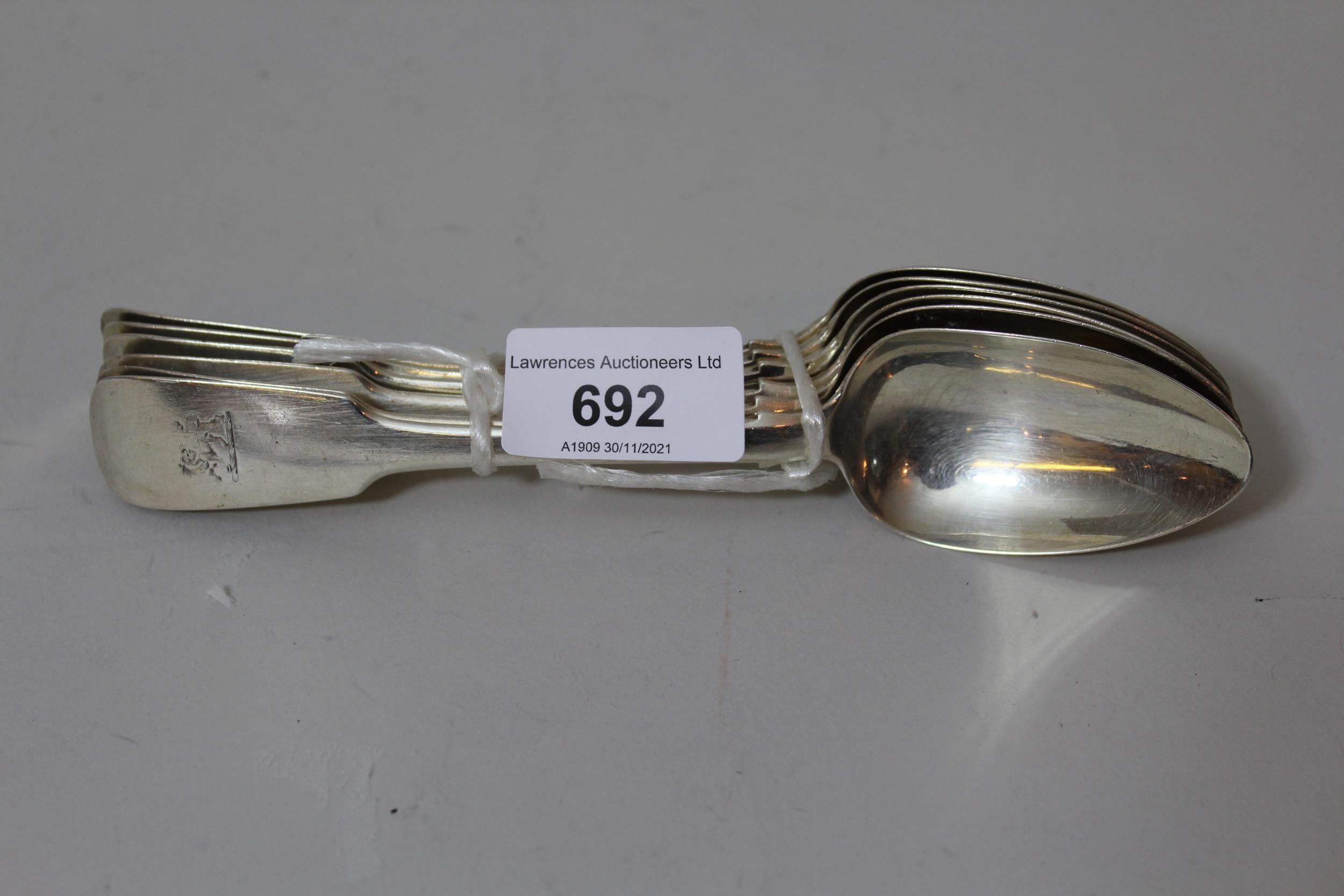 Set of six Dublin silver Fiddle pattern dessert spoons, Thomas Farnett 1831, 8.5oz