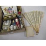 Victorian mother of pearl and lace fan, silver spoon, miniature dictionary and sundries
