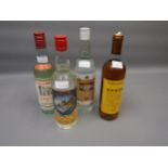 Four bottles of various spirits: Rivers Grenadian rum, Luxardo Sambuca, Kourtaki Retsina and Old Oak