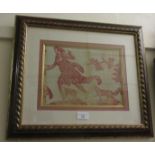 Fragment of 18th Century French red and white Toile de Jouy fabric, framed and mounted, 7.5ins x