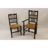 Harlequin set of eleven ( nine plus two ) 19th Century Lancashire spindle back chairs with rush