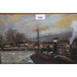 Watercolour and bodycolour, steam boats moored on river, signed James Kay, 11ins x 14ins