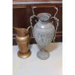 Large brass Middle Eastern two handled vase, with engraved decoration, (at fault), together with a