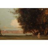 J. Vickers de Ville, signed oil on panel, figures by a river, inscribed verso, ' An Evening