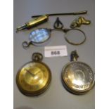 Small bag containing a pocket watch, miniature flask, spectacles etc.