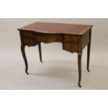 Edwardian rosewood and marquetry inlaid semi bow front writing table, the red leather inset top