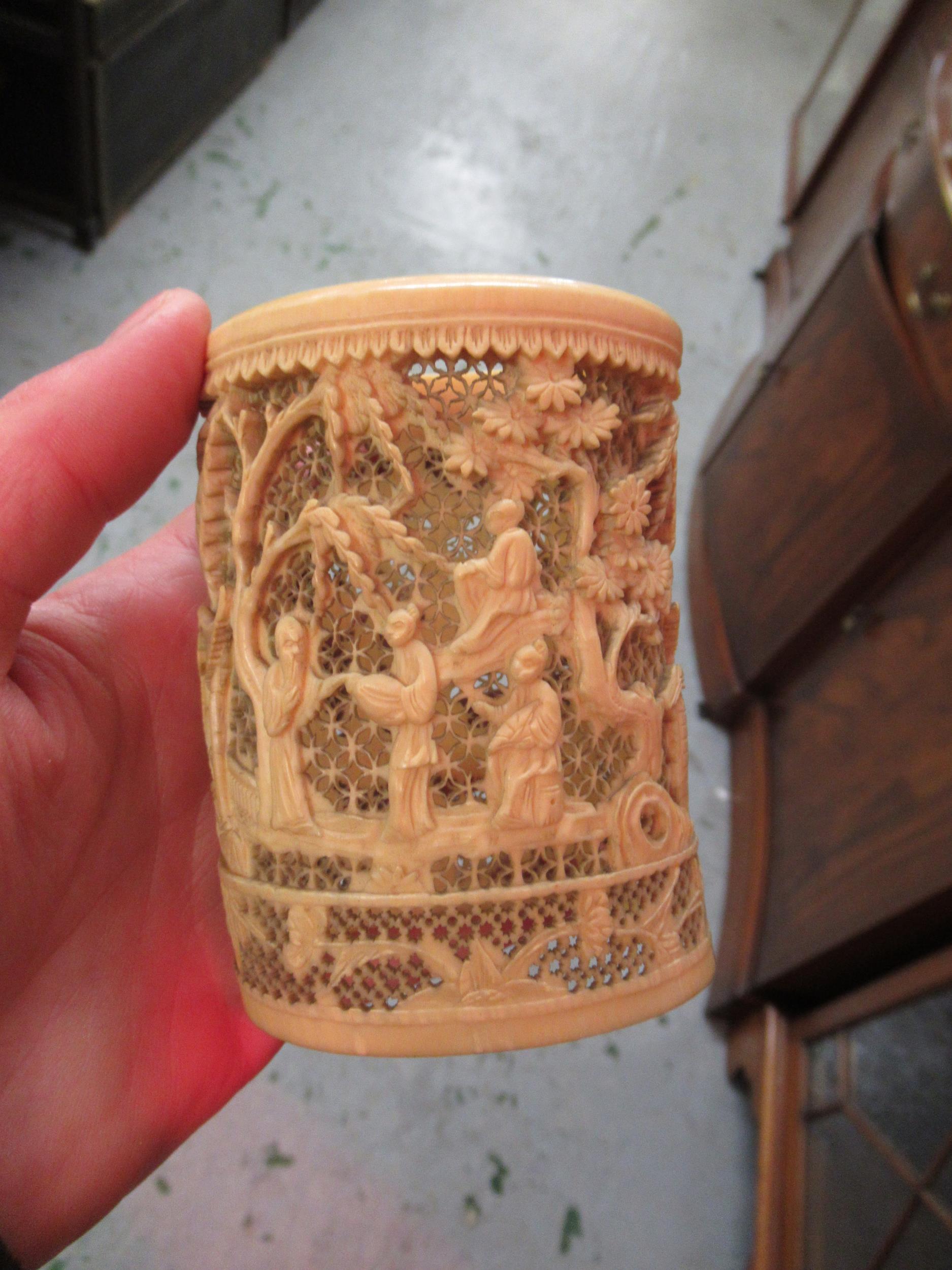 Two 19th Century Chinese carved ivory vases together with a needle case (at fault) and two carved - Image 2 of 13