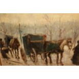 Mid 20th Century oil on board, street scene with figures and horse drawn carriage, indistinctly