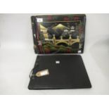 Black lacquered, mother of pearl inlaid photograph album, containing a quantity of various