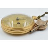 George III 18ct gold cased open face key wind pocket watch, the gilded dial with silvered Roman