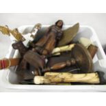 Box of miscellaneous collectables including oriental bone figures, Continental carved oak figure,