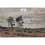Watercolour, landscape with distant fir trees, 10ins x 14ins together with a set of three French